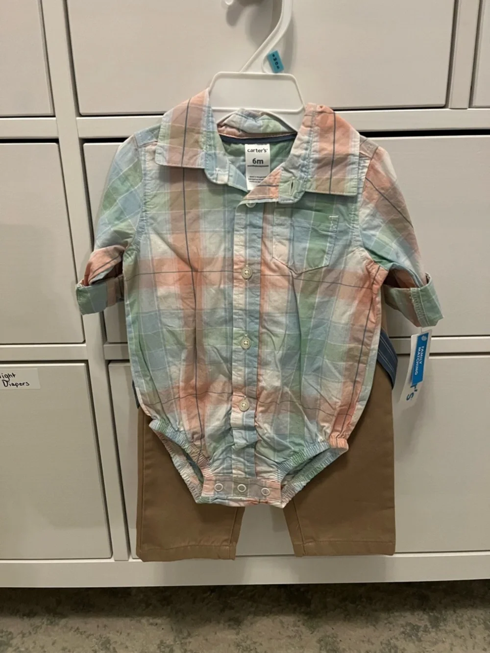 NWT Carter’s Outfit Set Plaid Button Up Khaki Pants Suspenders Pastel